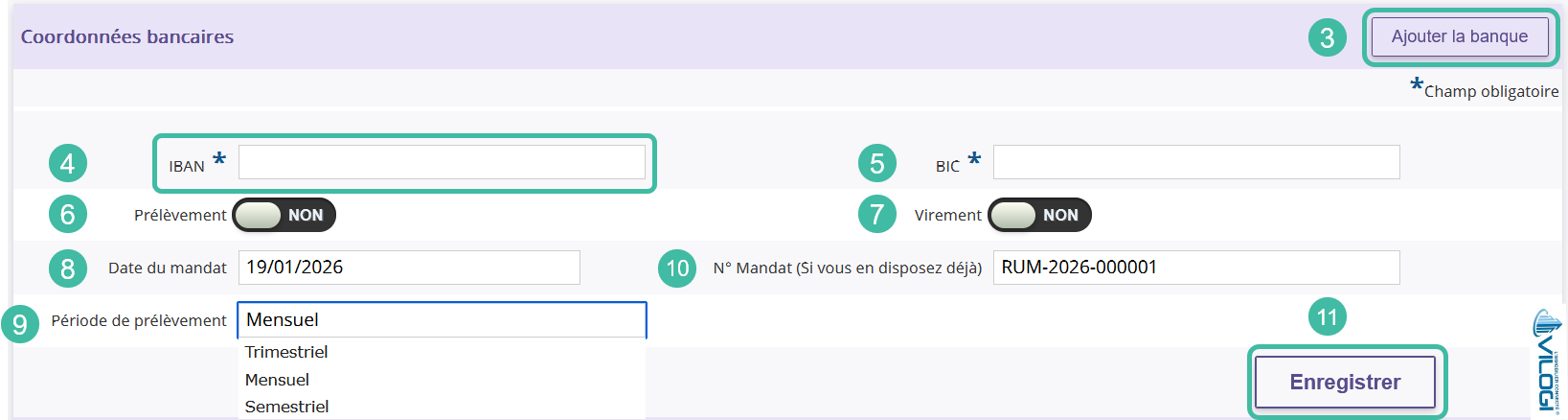 Configuration du compte bancaire du locataire pour les prélévements Paramétrer le compte banque du locataire pour faire les prélèvements du loyer