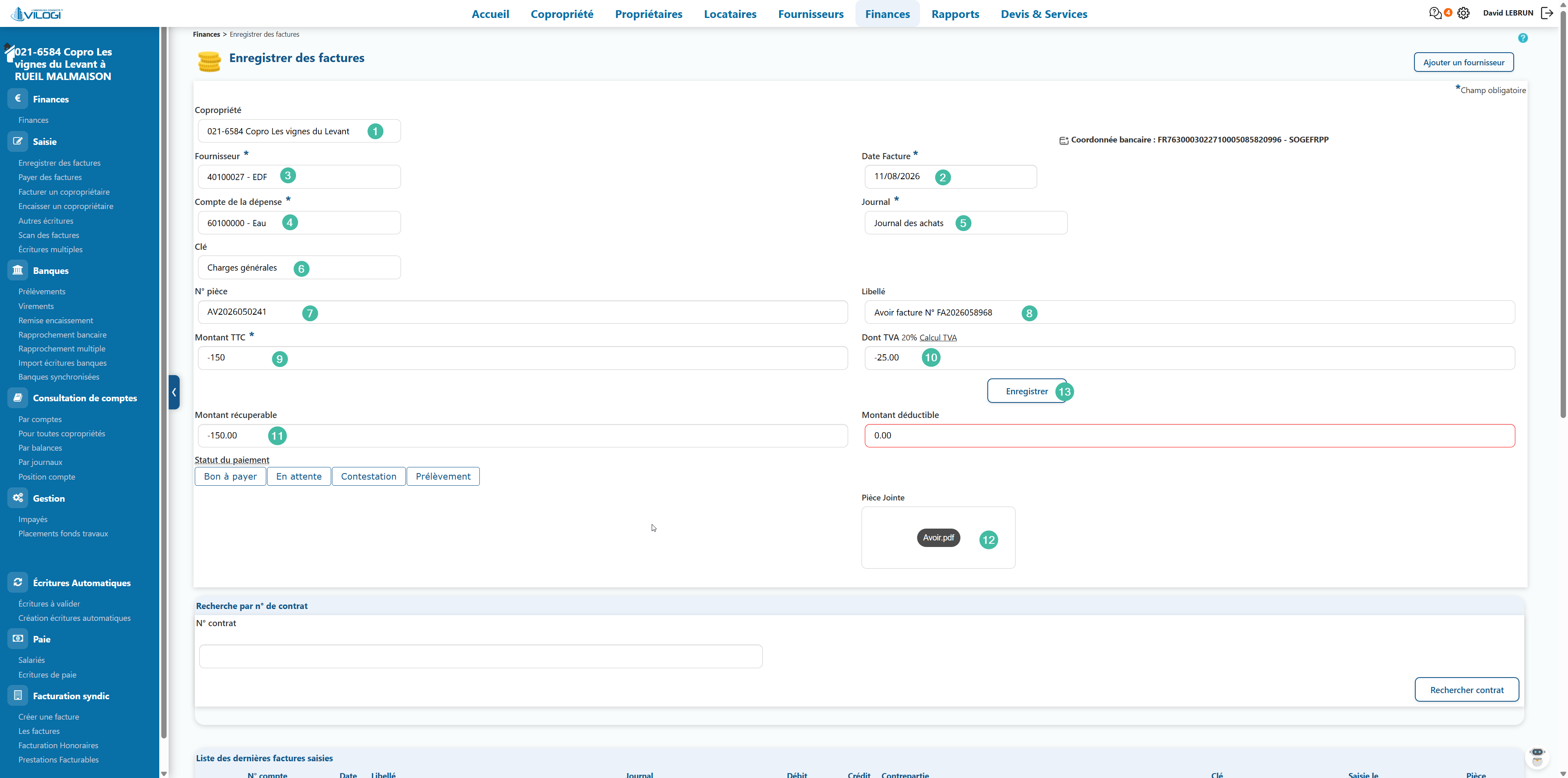 Comment passer l avoir via l écran "Enregistrer des factures" Tutoriel logiciel immobilier pour syndics et administrateurs de biens