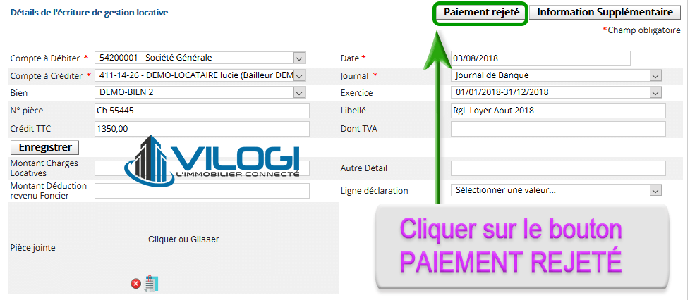 Traitement du rejet du règlement signifié par la banque Rejet du paiement du locataire par la banque sur le logiciel syndic de copropriété