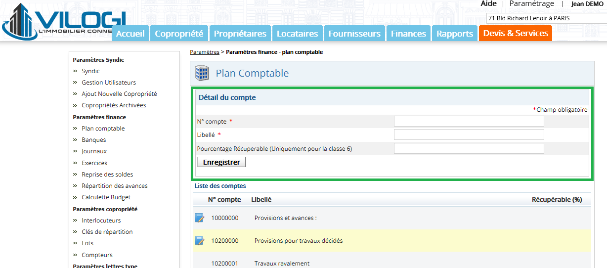 Liste des comptes du plan comptable